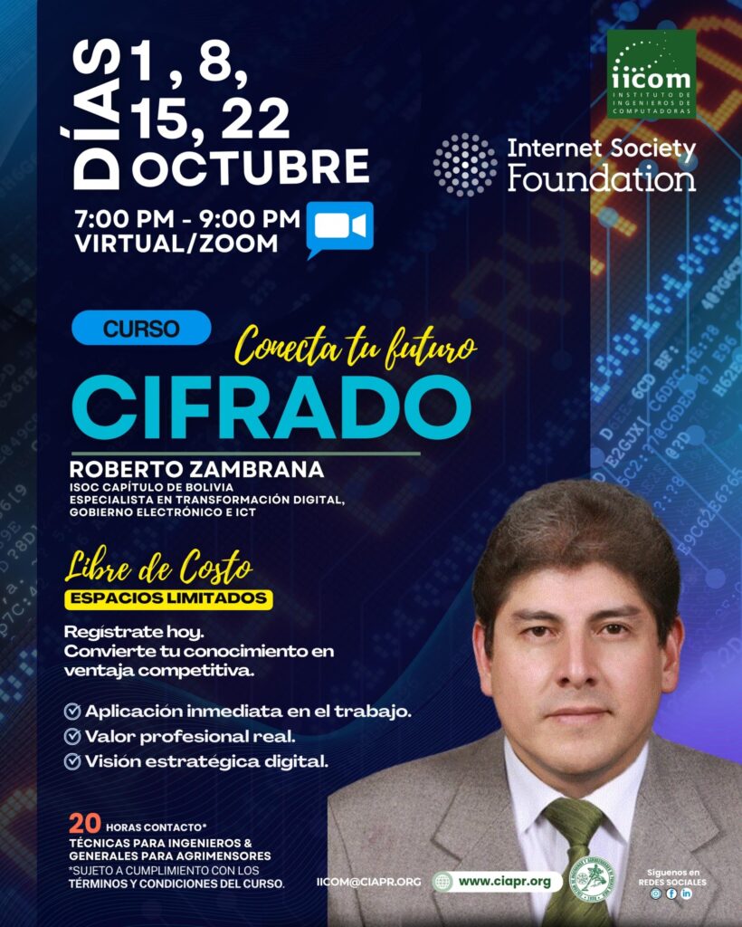 Flyer del Curso de Cifrado. Curso en colaboración con la Internet Society Foundation.